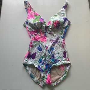Vintage white with multicolored floral and butterfly pattern swimsuit